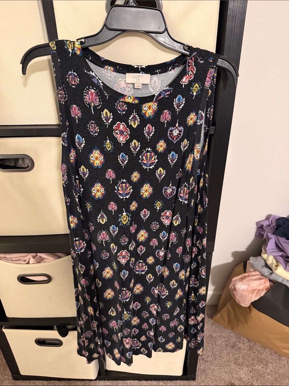 LOFT Black Sleeveless Floral-Print Swing Dress